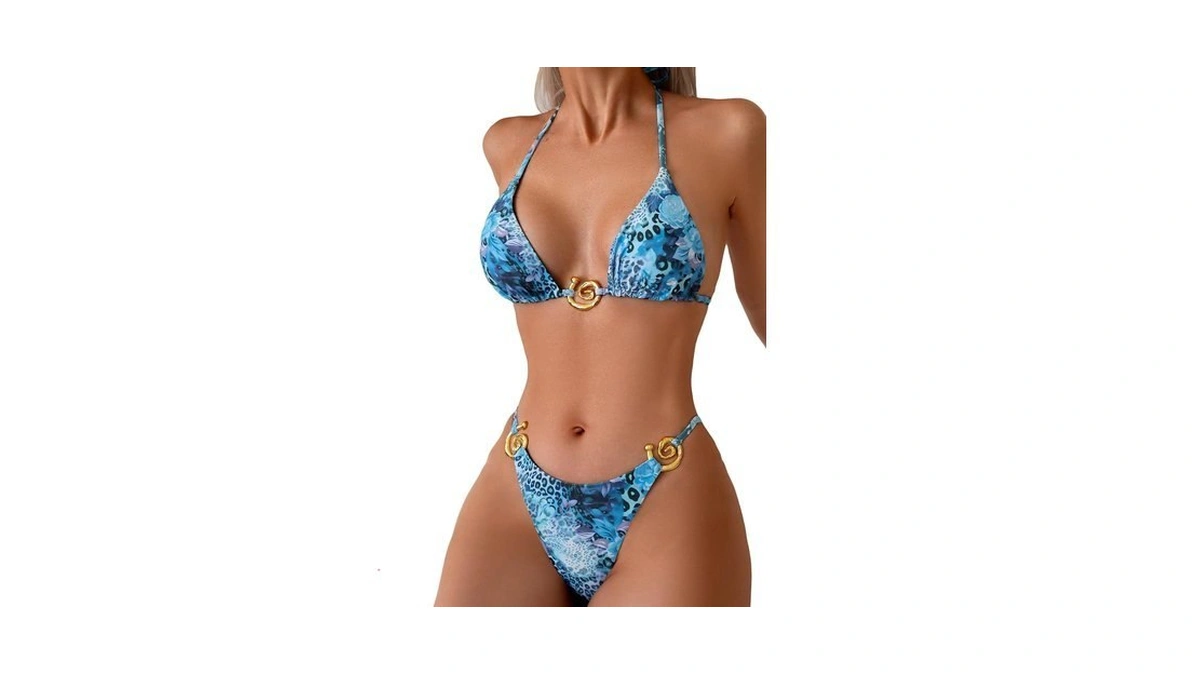 Falainetee Women's Metal Jewelry Bathing Suit High Waisted Halter Tie