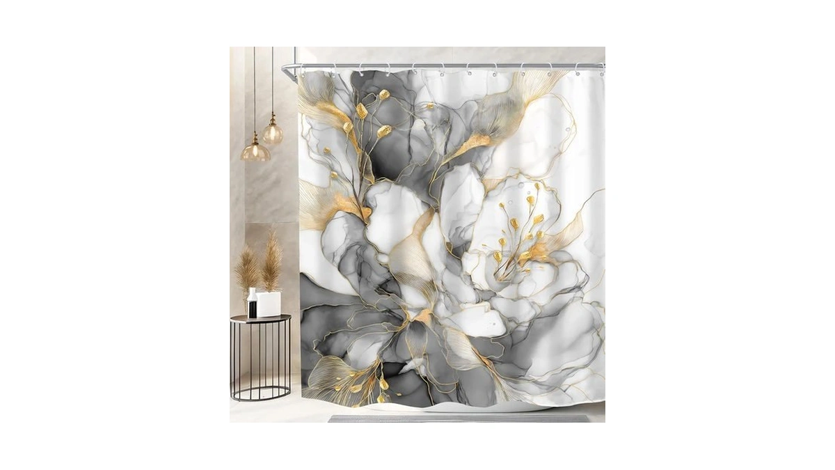 Amazon : Komllex Grey Marble Floral Shower Curtai