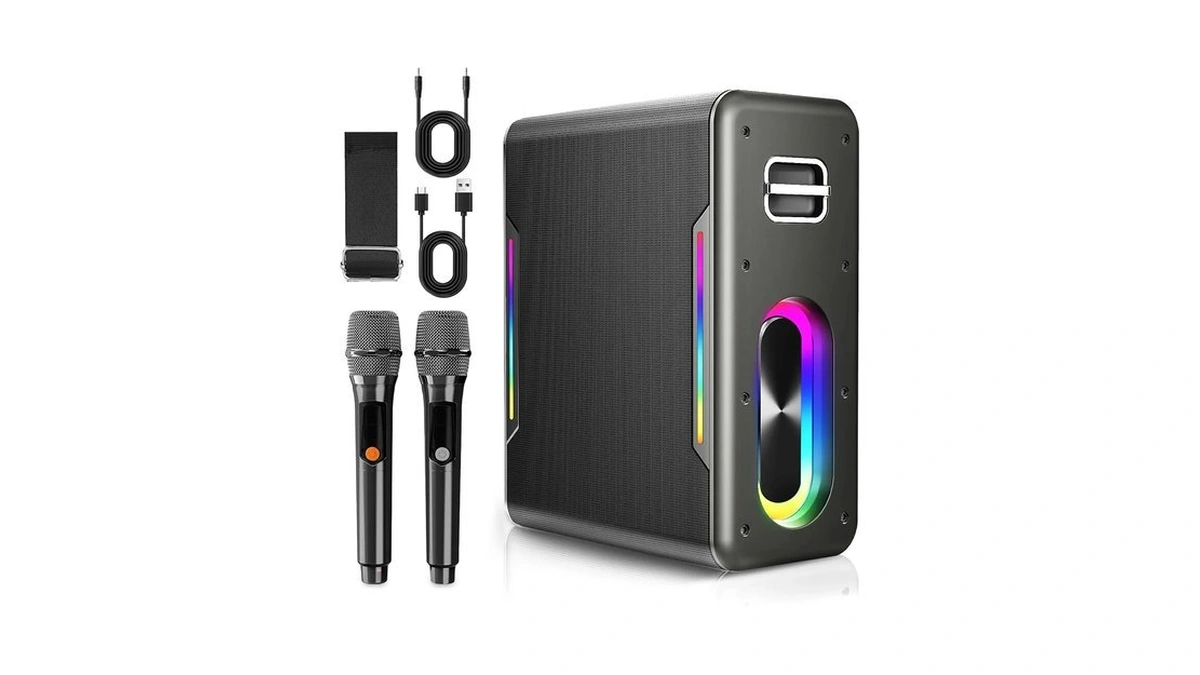 Portable Karaoke Machine, With 2 Wireless Microphones & Led Party