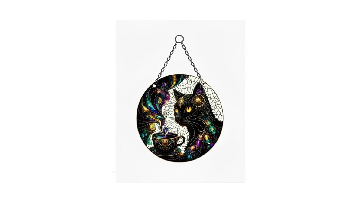 Stained Acrylic Suncatcher Window Hanging : Black Cat And Magic
