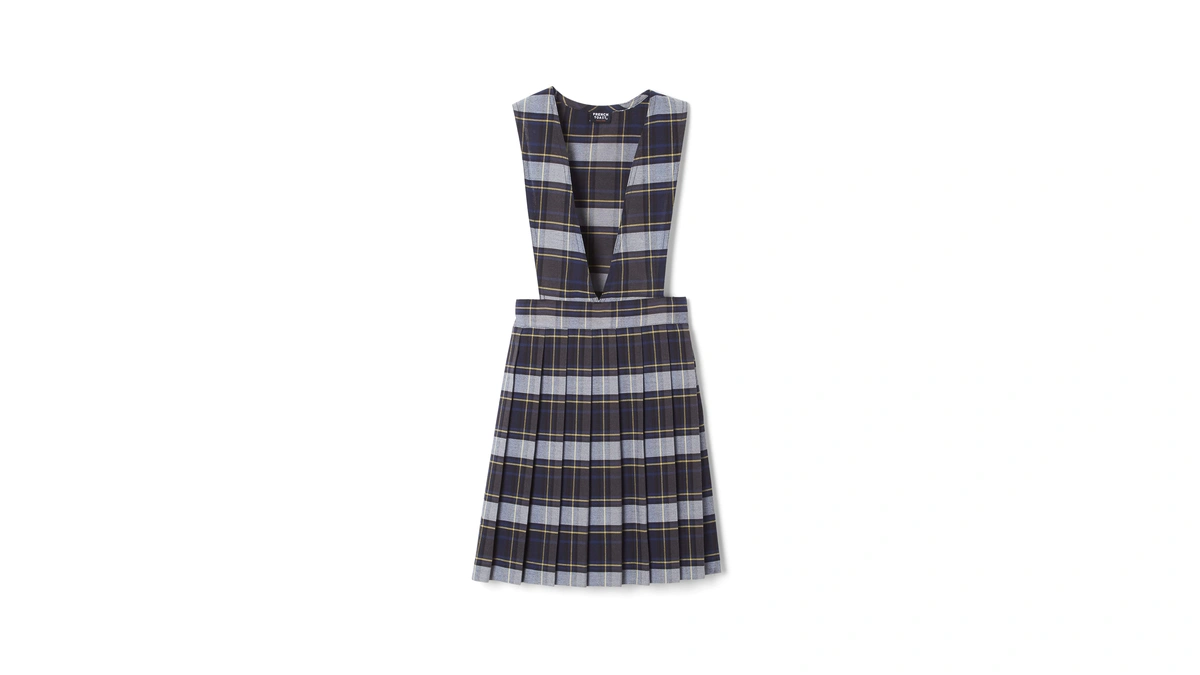 French Toast Girls' Plaid V-neck Pleated Jumper, Blue & Gold