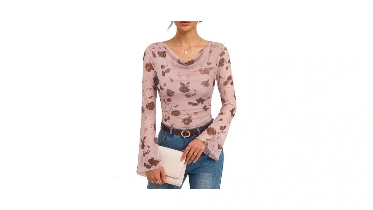 Grace Karin Women Boho Mesh Blouse Dressy Cowl Neck Top