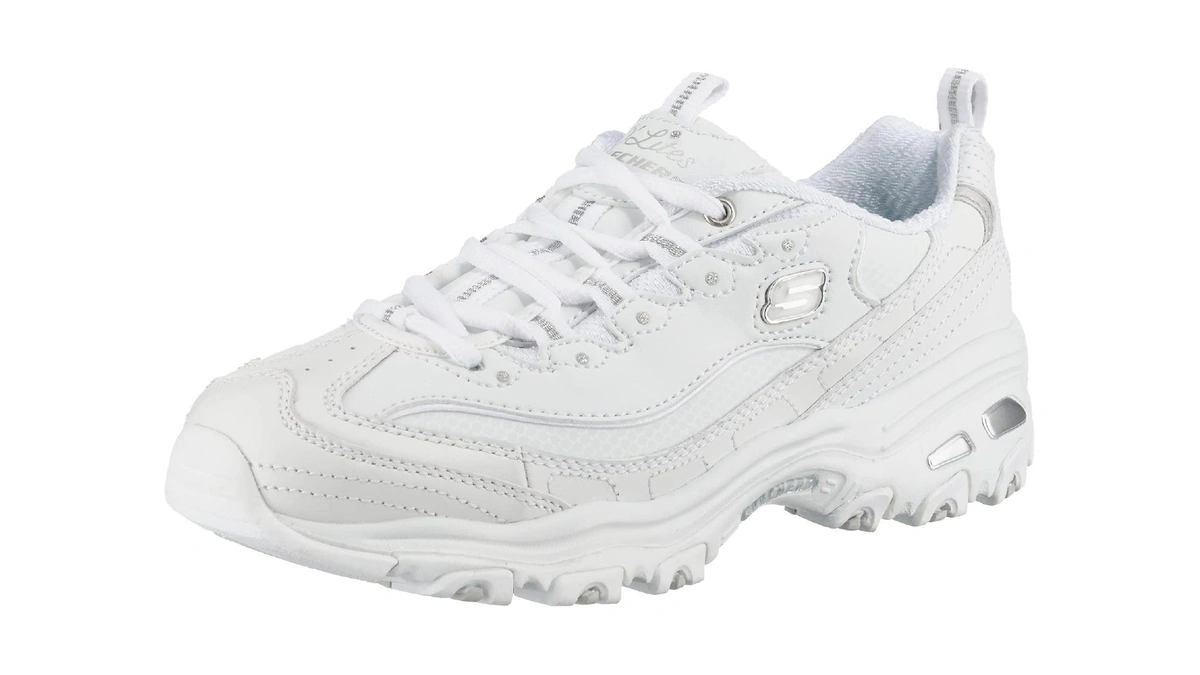 Skechers Women's D'lites Fresh Start Memory Foam Lace-up Sneaker, White/silver,