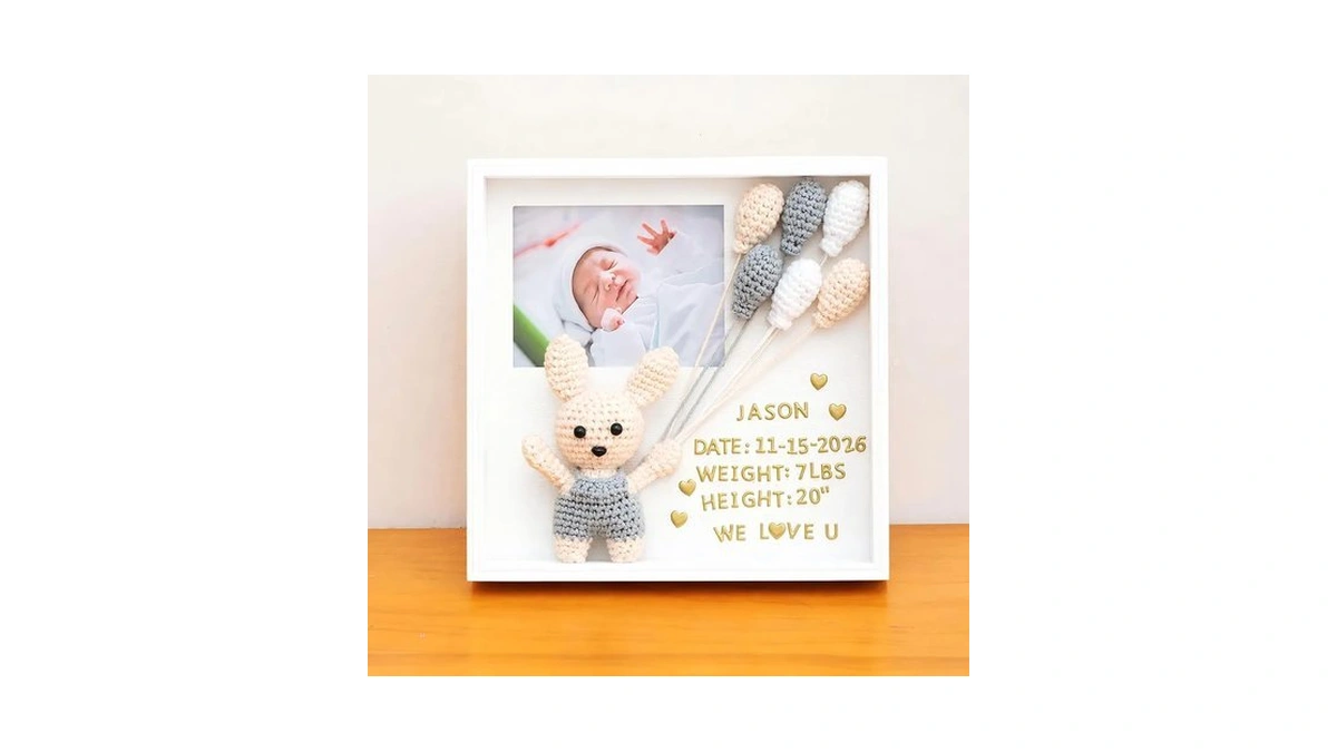 Onzgrow Baby Picture Frame With Handmade Crochet Rabbit, Wooden Baby