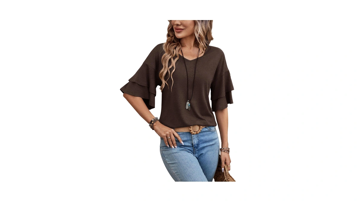 Sialois Women 3/4 Sleeve Vneck Shirt Spring Summer Tops Ruffle