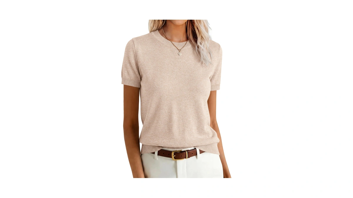Anrabess Womens Short Sleeve Sweaters Wool Blend,parchment Beige,l