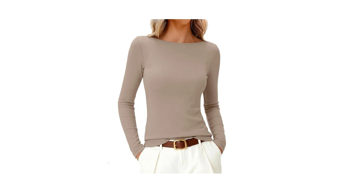 Anrabess Womens Boat Neck Long Sleeve Thermal Shirts Khaki L