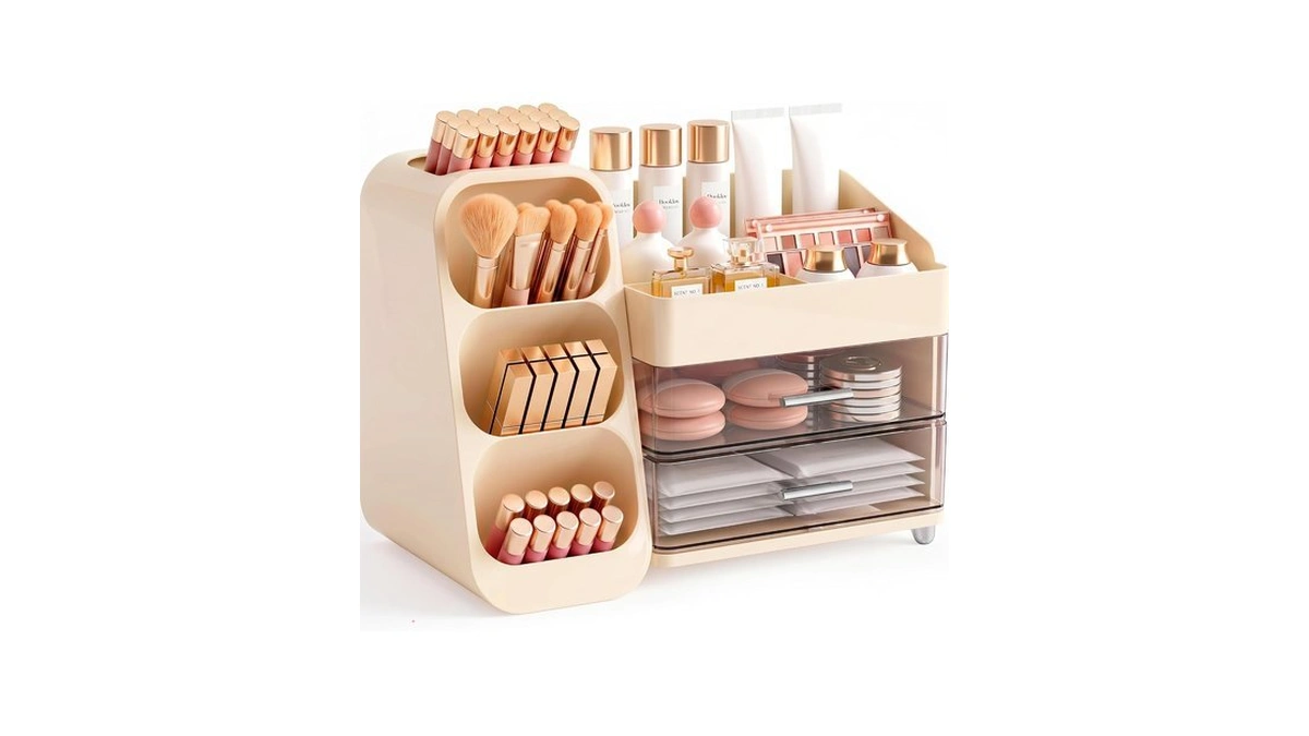 Booklov Large Makeup Organizer For Vanity Countertop, Cream