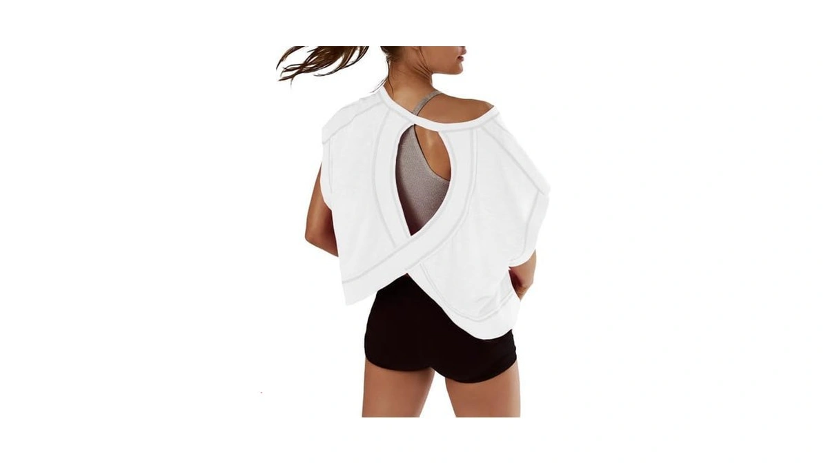 Kumufenc Women Short Sleeve Workout Shirts Open Back Tops Casual
