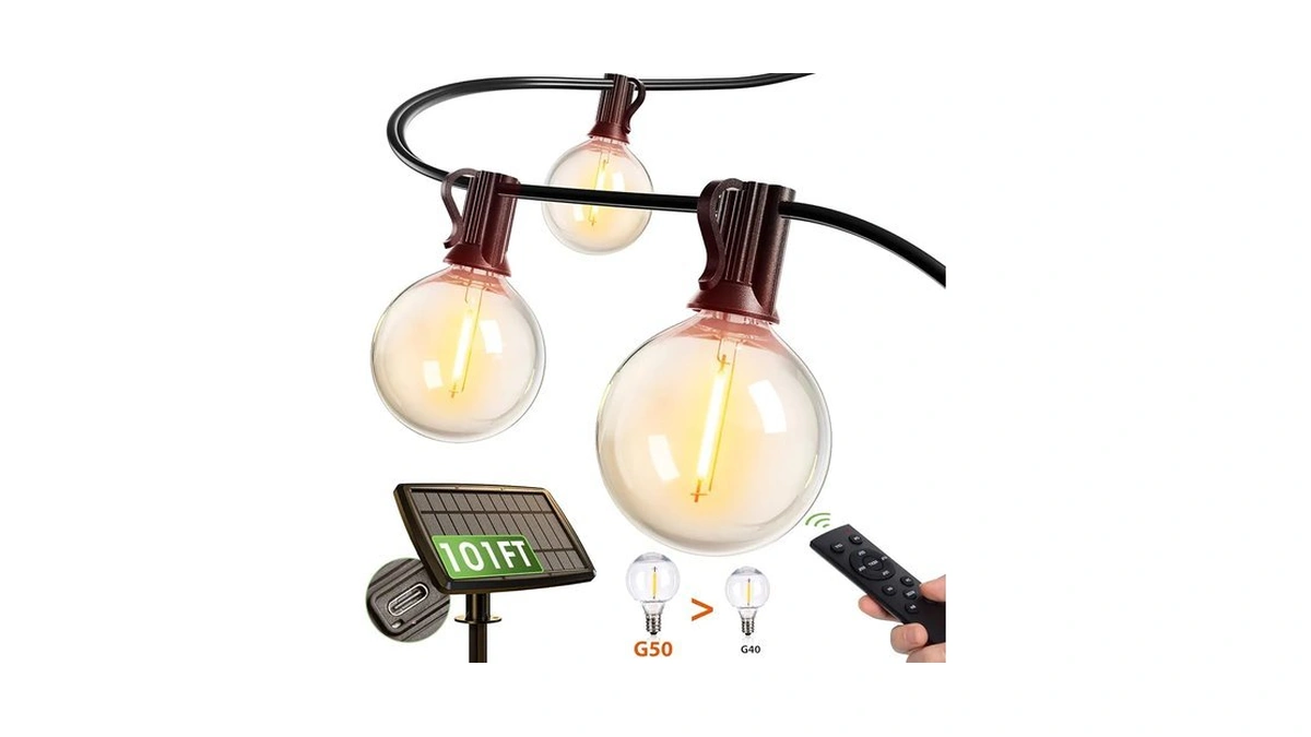 Addlon 100ft Solar String Lights For Outside G50 Waterproof