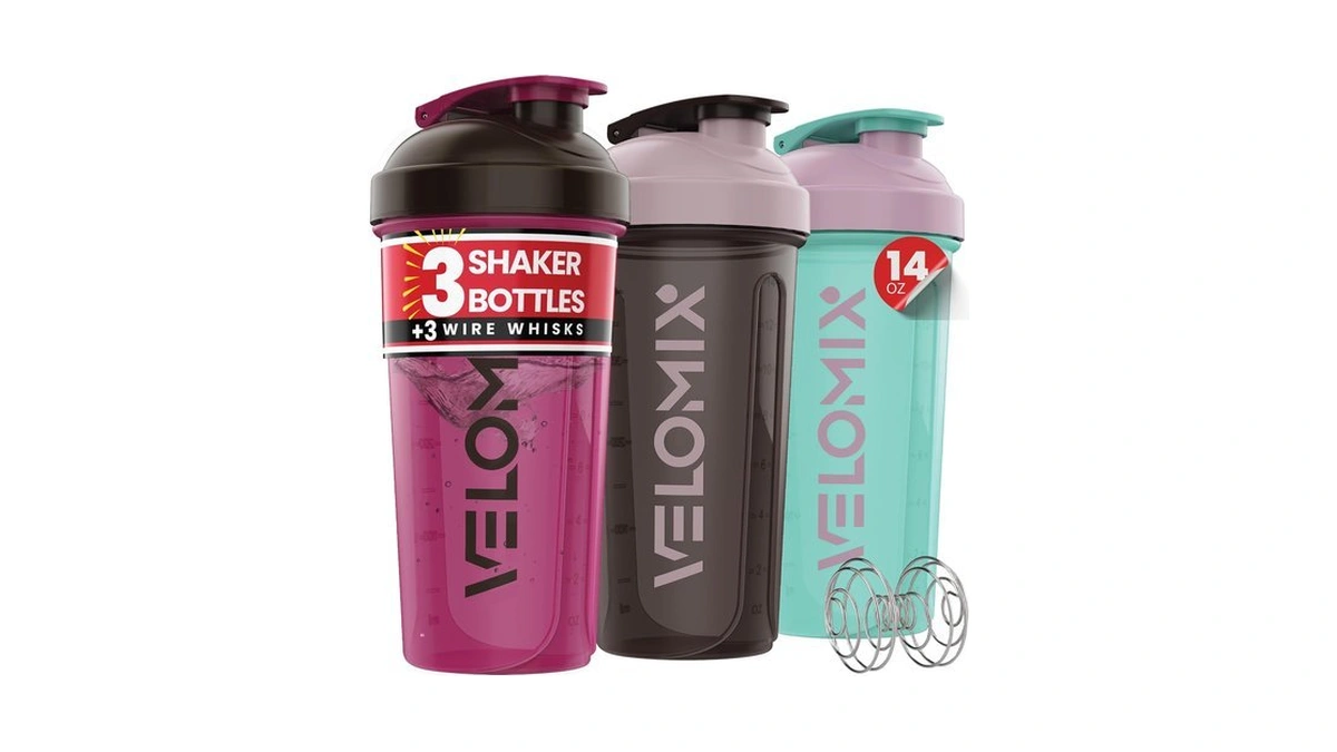 Velomix 3 Pack 14oz Protein Shaker Bottle For Protein Mixes,