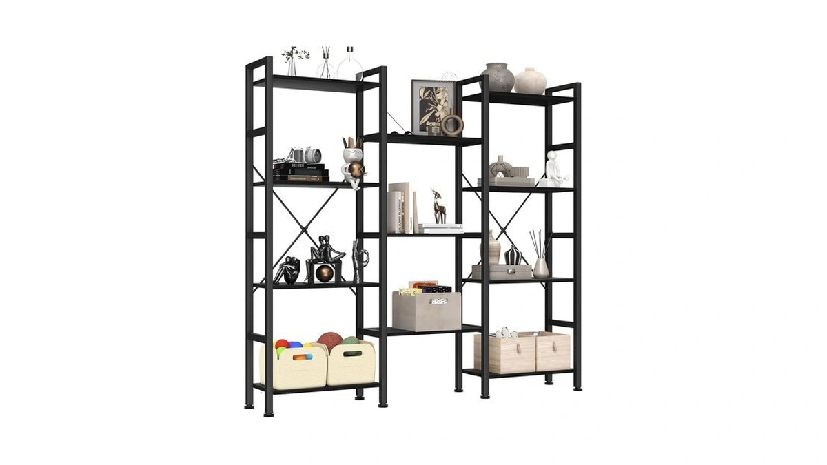 Dumos Triple Column 4 Tier Bookshelf, Wide Industrial Bookcase, Black