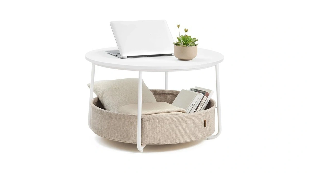 Vasagle Round Coffee Table With Storage, Fabric Basket, Metal Frame