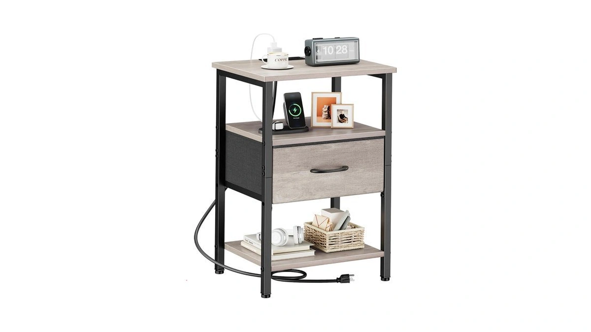 Vagusicc Nightstand With Charging Station, Side Table With Adjustable Drawer,