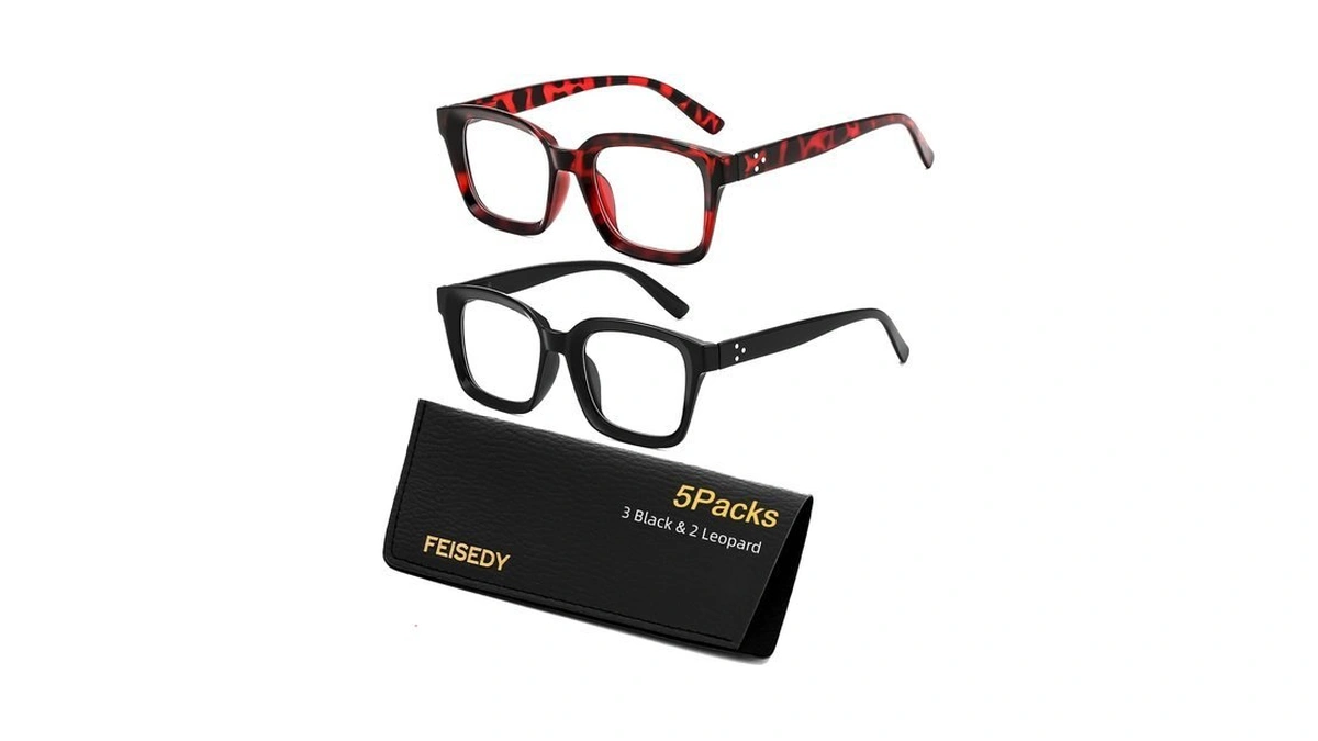 Feisedy 5 Pack Retro Square Reading Glasses For Woman Men