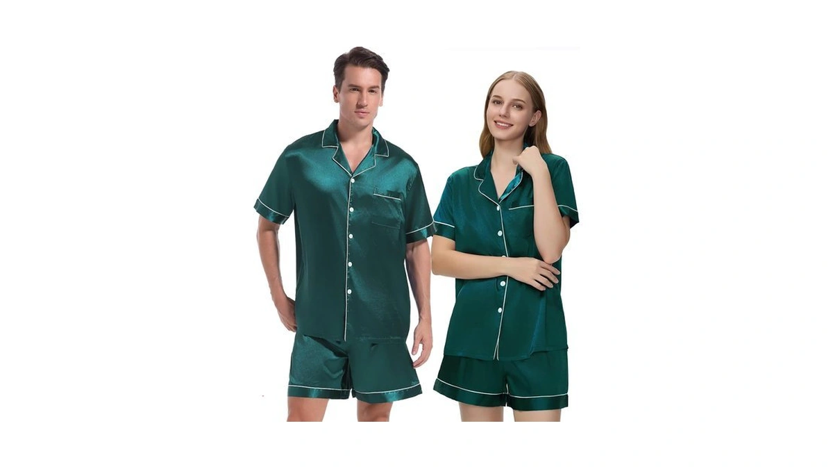 Guriyzee Couple Pajamas Set Satin Short Sleeve Sleepwear 2 Pcs