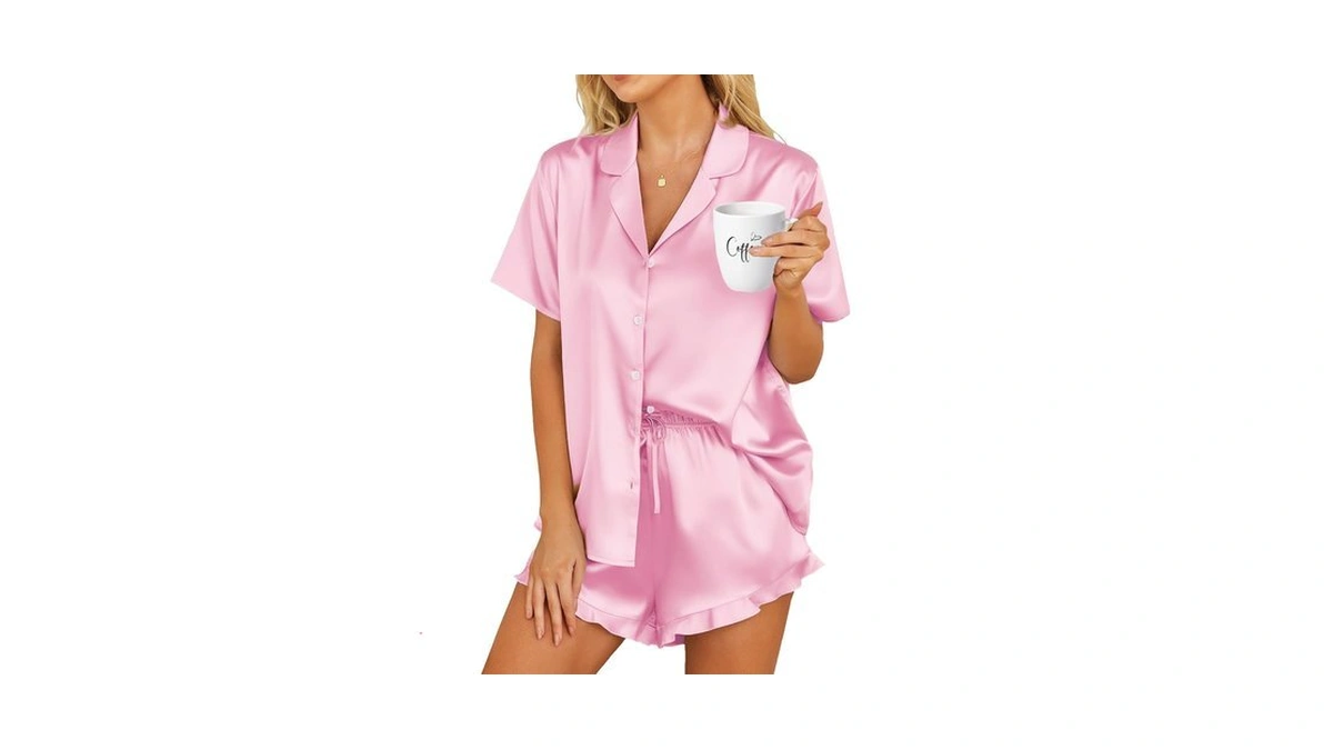 Hotouch Womens Satin Pajamas Set Button Down 2 Piece Ruffle
