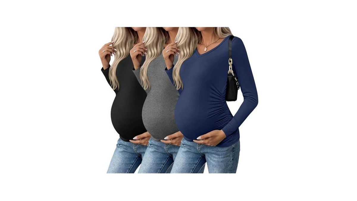 Ekouaer Womens Maternity Shirts Long Sleeve 3 Packs V-neck Pregnancy