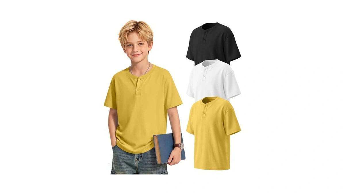 Mumucove 3 Pack Boys Henley Short Sleeve Shirts, 3-color, 11-12