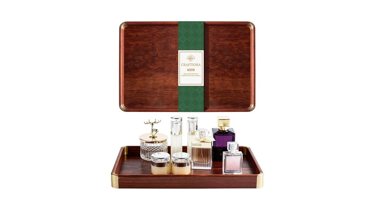 Bubinga Wood Serving Tray, 14.5"x9.8" Decorative Tray With Brass Corners,