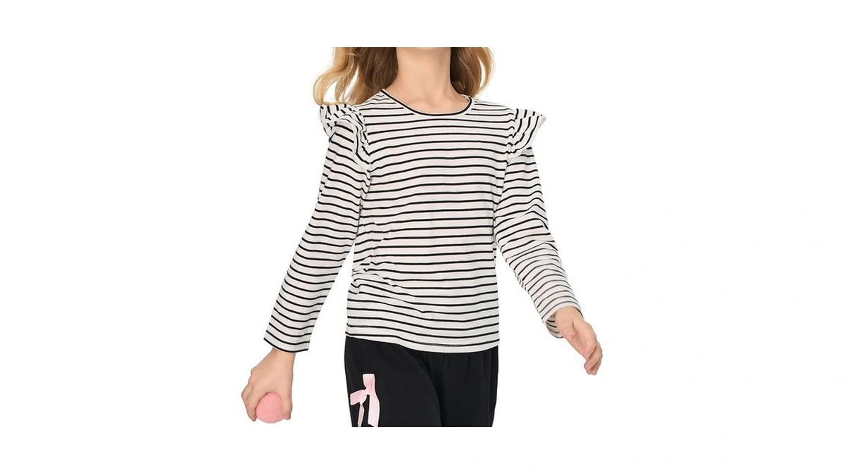 Mianzhi Girls Summer Shirts Kids Striped Ruffle Sleeve T Shirts