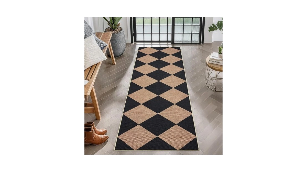 Garveehome Checkered Easy Jute Runner Rug 2x6 Non-slip Machine Washable