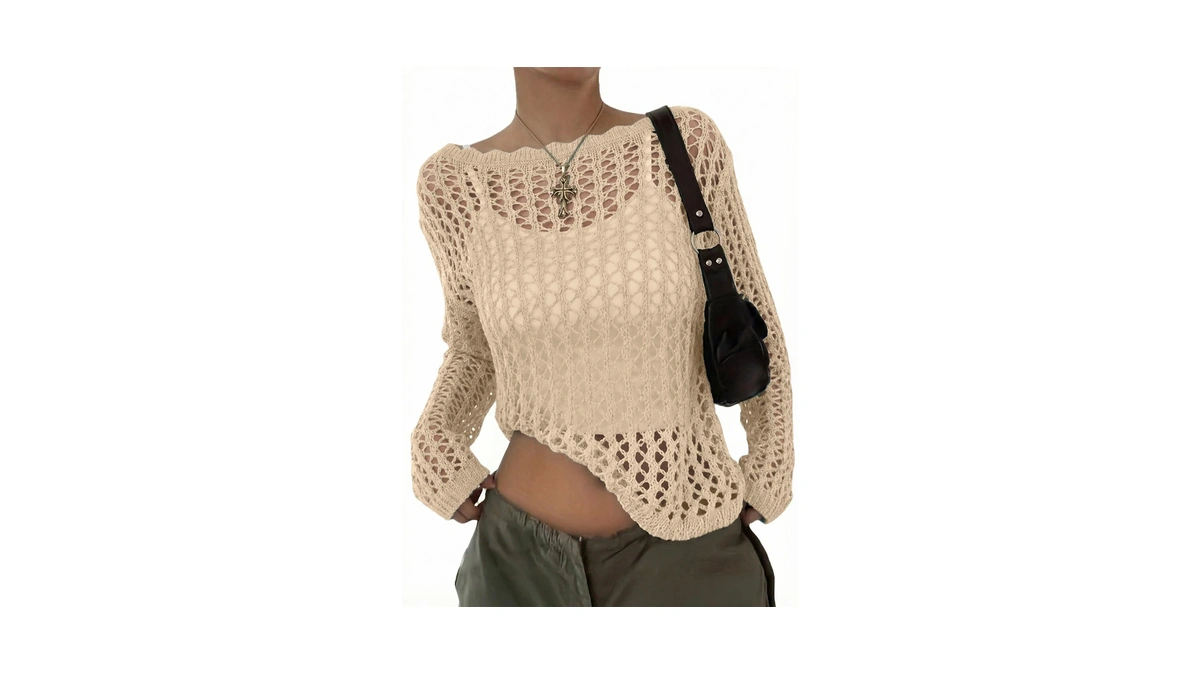 Evaless Sweaters For Women Long Sleeve Hollow Out Crochet Tops,beige,m