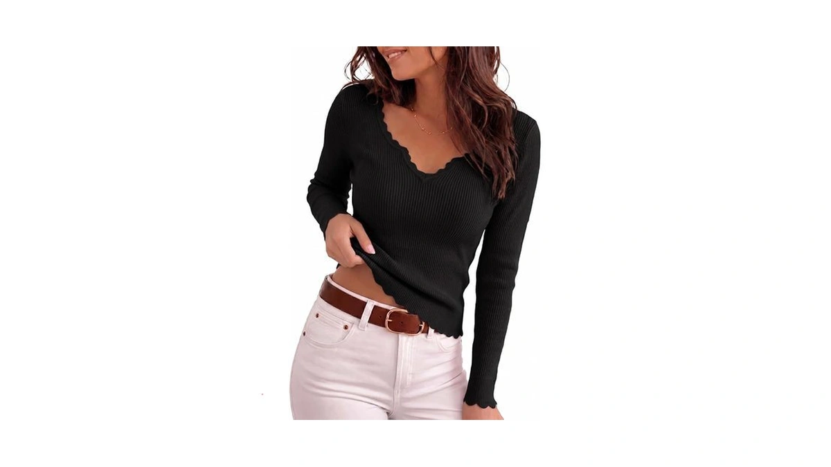Fisoew Womens V Neck Sweaters Casual Long Sleeve Lightweight Slim