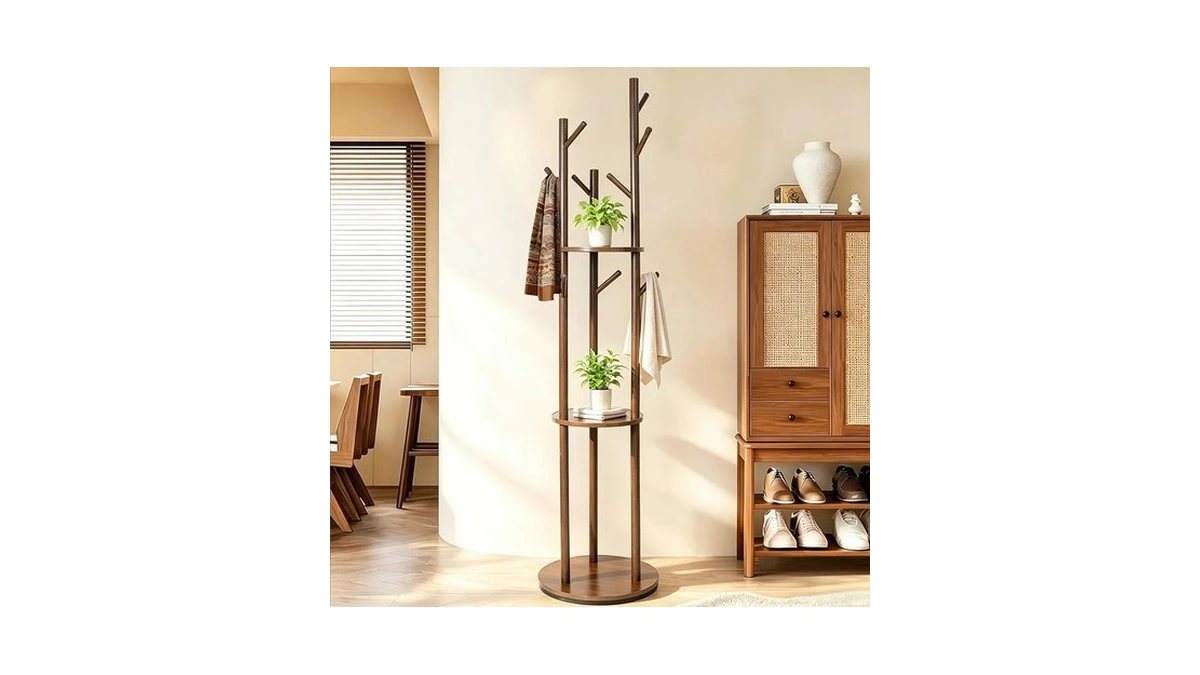 360° Rotating Wooden Coat Rack,9 Hooks & 3 Shelves Walnut