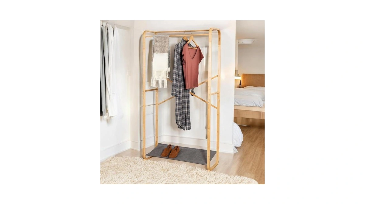 Honey-can-do Bamboo Clothes Rack, 2 Garment Rods, Canvas Shoe Shelf,