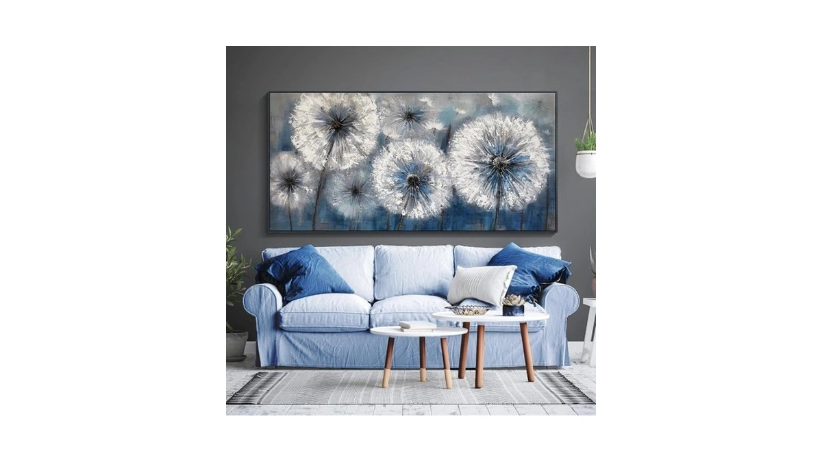 Pogusmavi Dandelion Wall Art Blue Wall Decor Painting Living Room