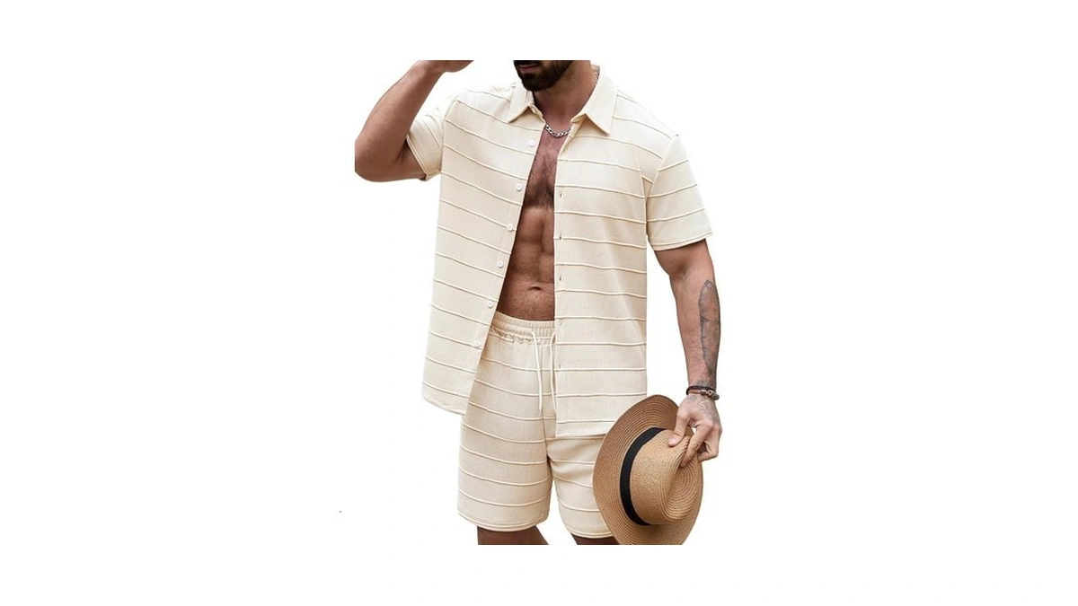 Baphity Men's Summer Beach 2 Piece Set, Textured Stripe Shirt