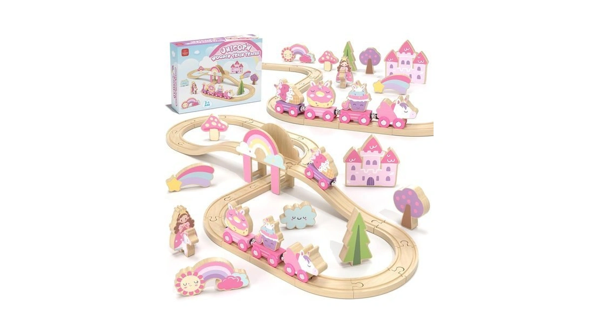 Lehoo Castle Wooden Train Set For Girls, Pink Unicorn Train