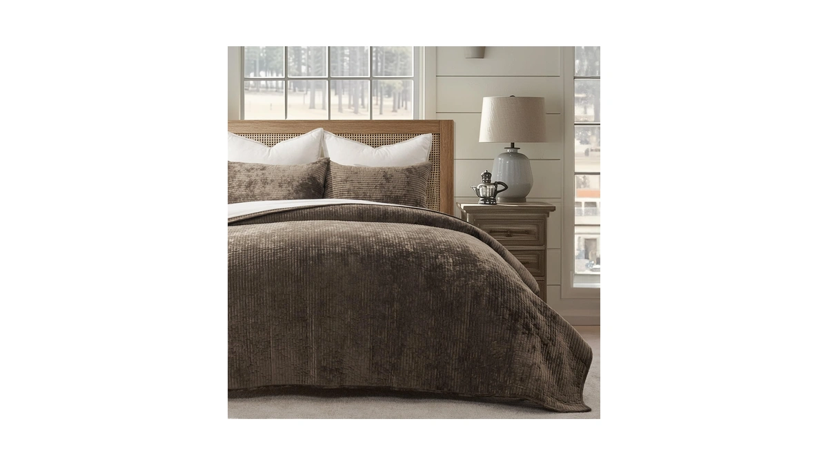 Evergrace Striped Channel Velvet Quilt Set, King Size, Mushroom Brown