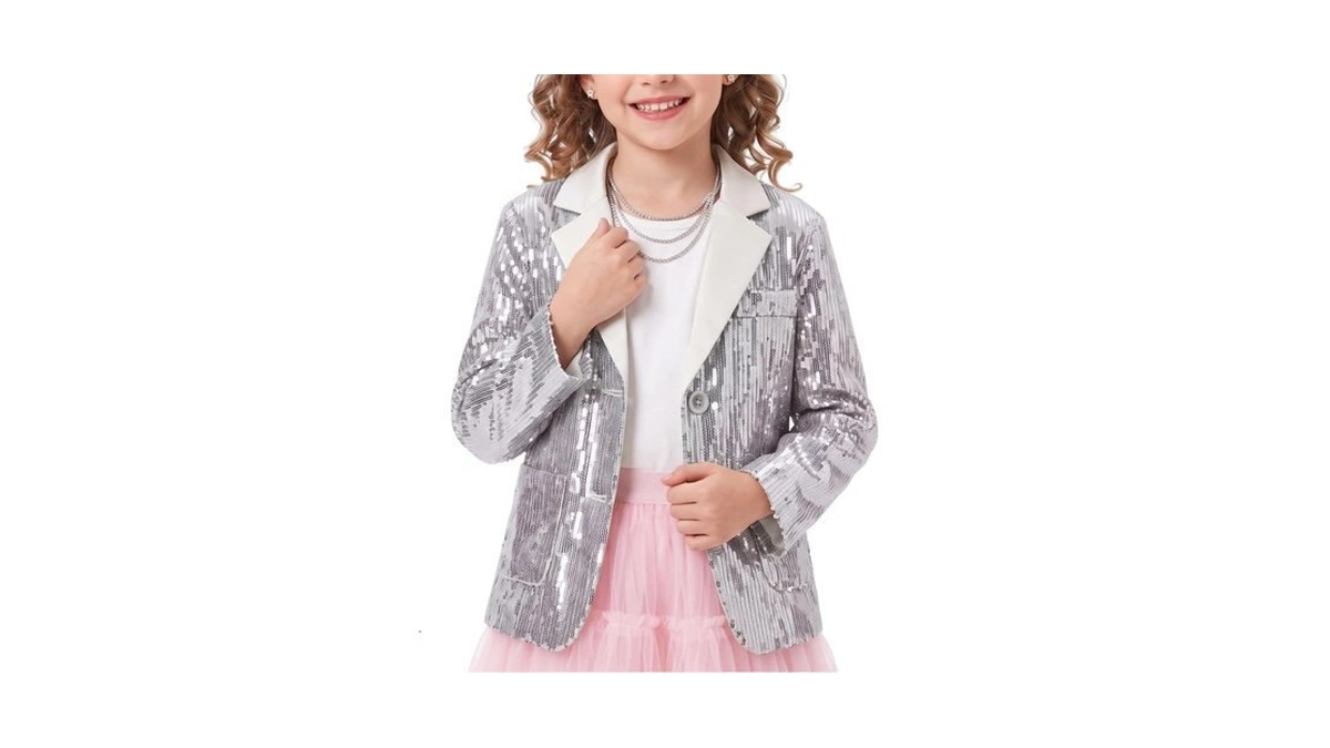Welaken Girls Sequin Blazers Jacket Long Sleeve Notched Lapel Button