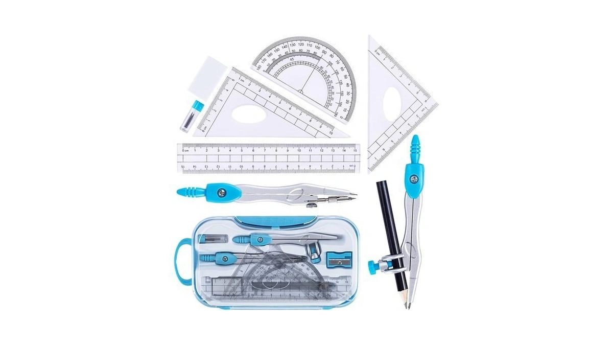 Math Geometry Kit Set 10 Pieces With Shatterproof Storage Box,