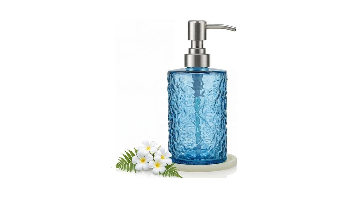 Glass Soap Dispenser With Stainless Steel Pump, 13oz Embossed Ripple