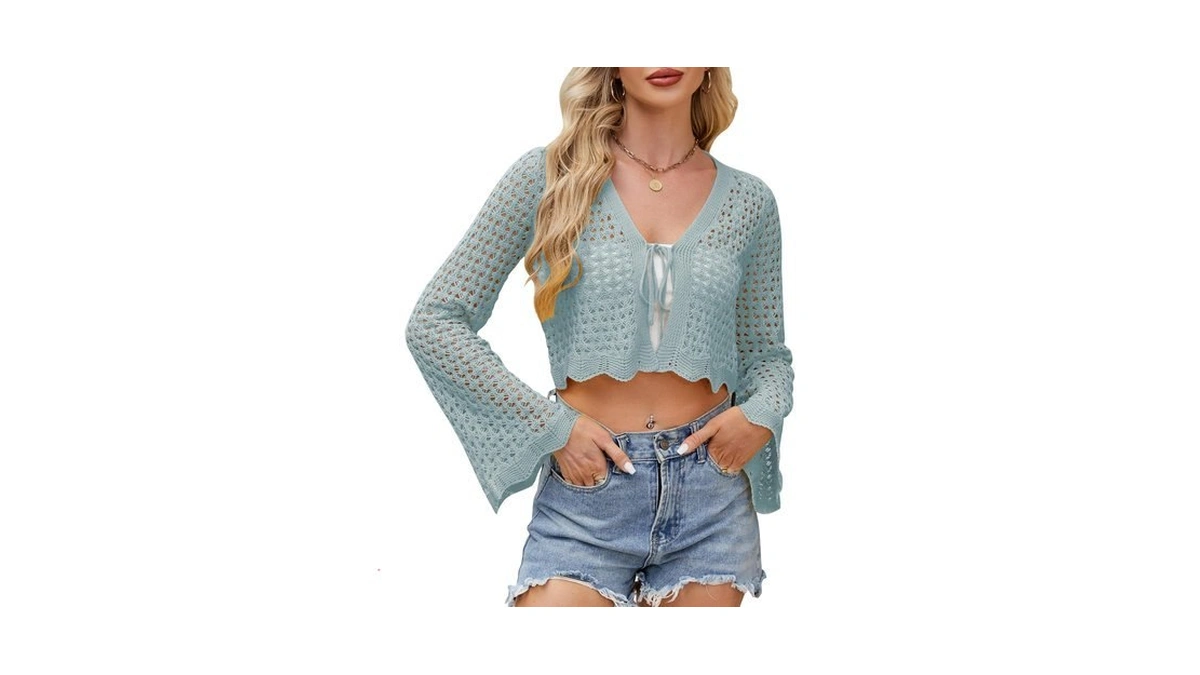 Women's Tie Front Crochet Cardigan Bell Sleeve Knit Shrug Light