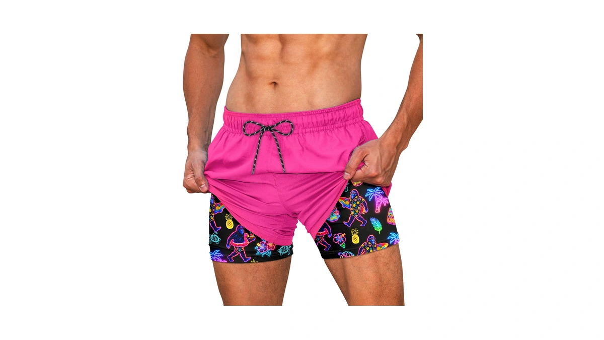 Cozople Mens Neon Hawaiianโ Swim Trunks With Bigfoot Boxer Brief