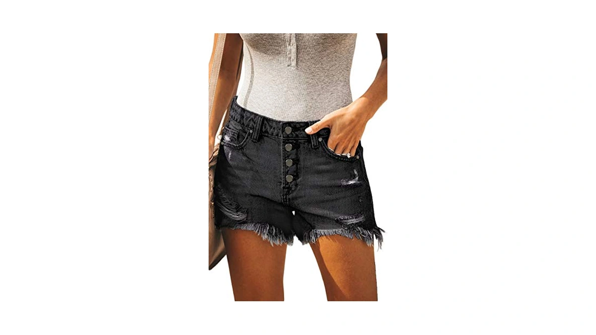 Onlypuff Black Women's Mid Rise Shorts Frayed Washed 4 Button