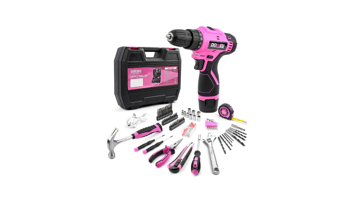 Dowell 147 Pcs Pink 12v Drill Tool Set, Tool Kit