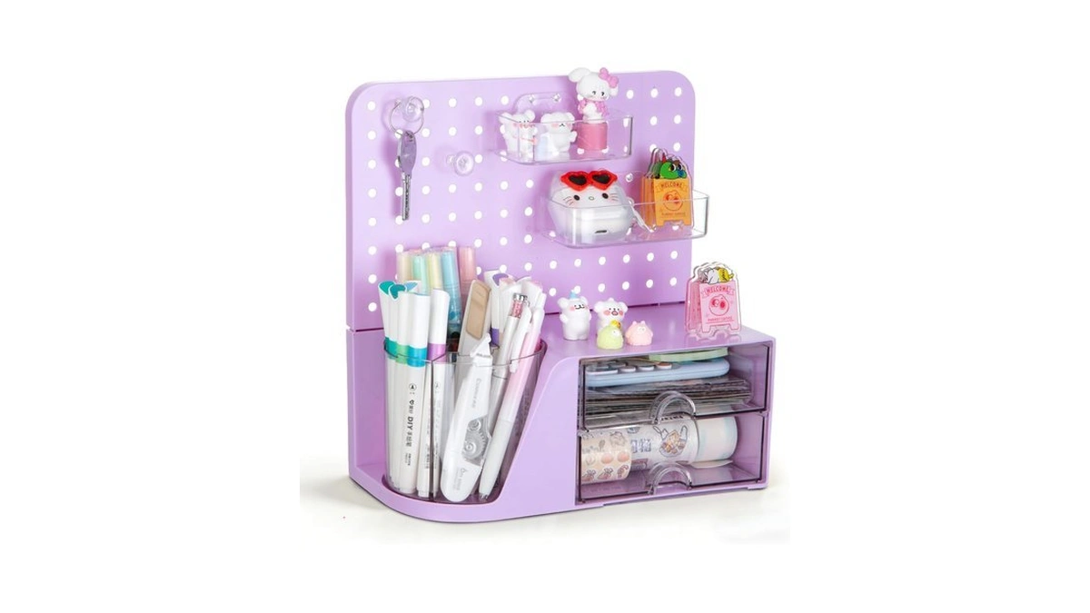 Comix Desk Organizer With 2 Drawer, Purple 360 Rotating Pen