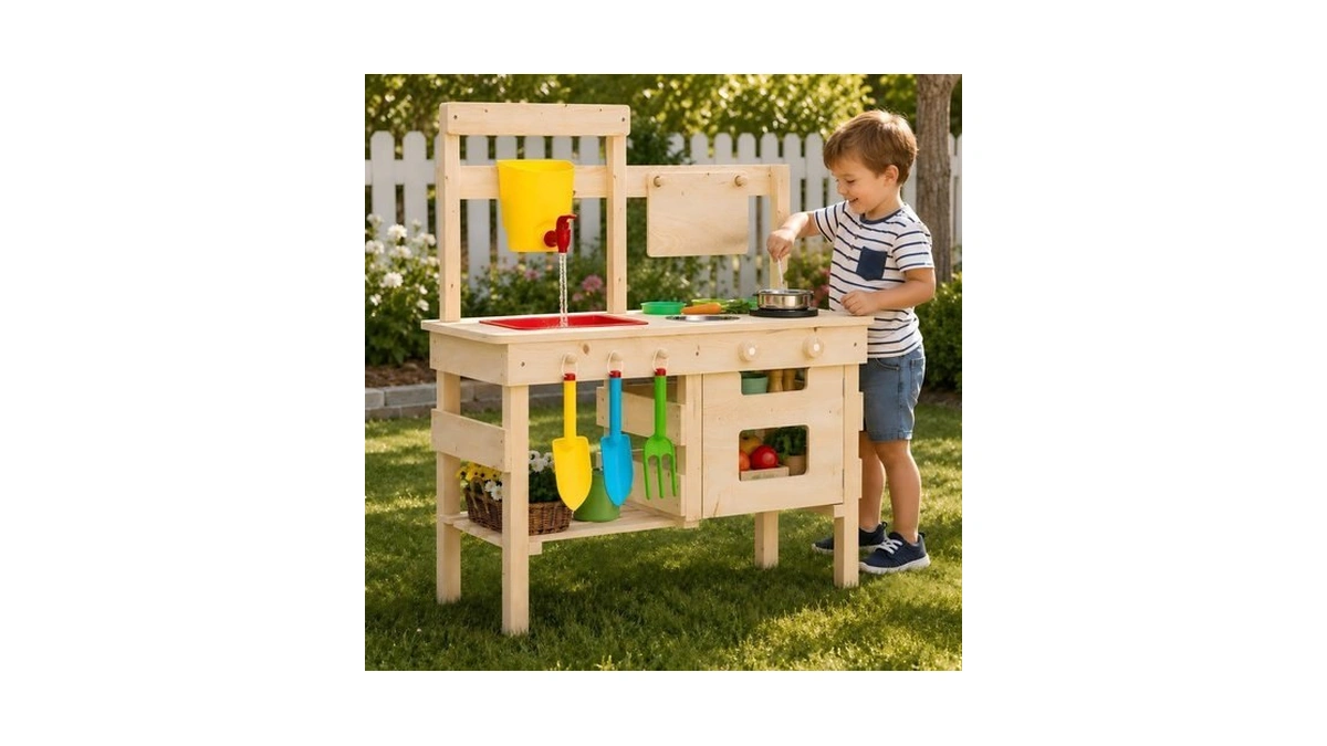 Kids Wooden Mud Kitchen Outdoor Playset, Solid Wood Backyard Pretend