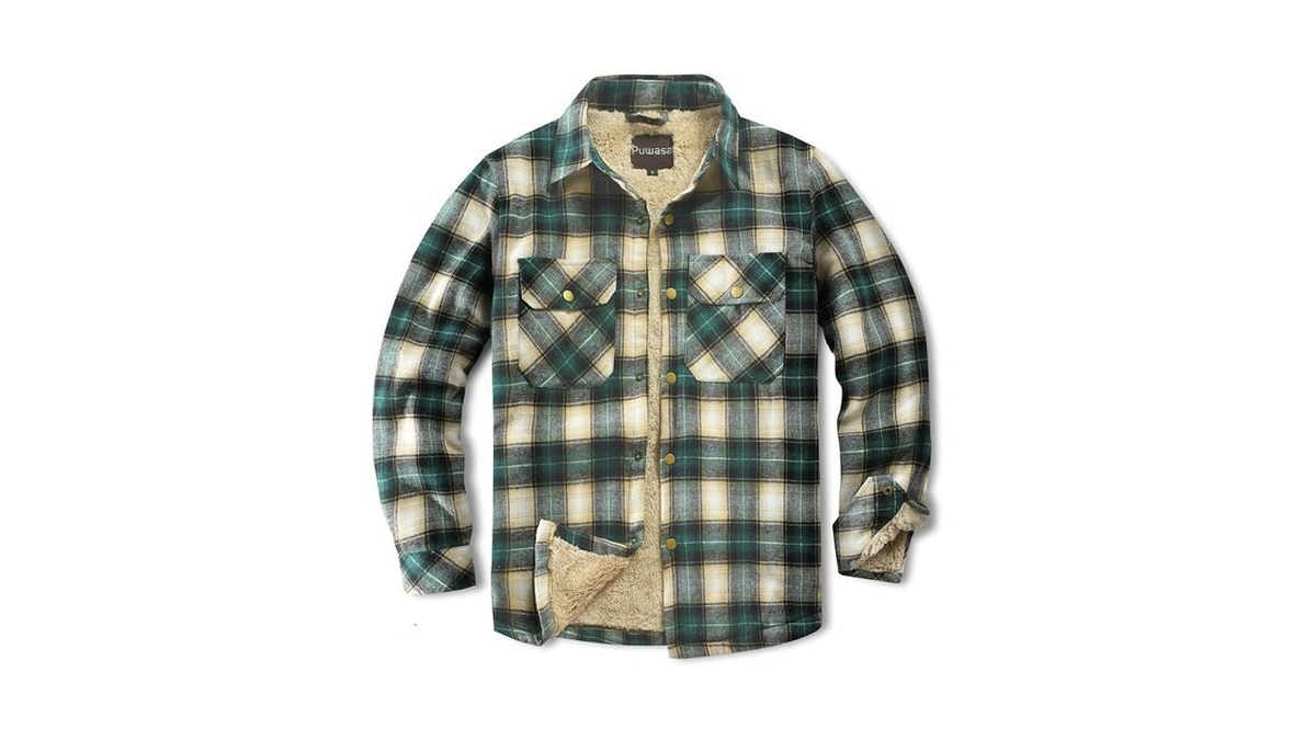 Puwasa Men Flannel Jacket Sherpa Shirt Button Camp Night Coat