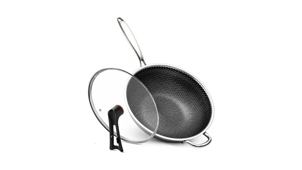 Wangyuanji Stainless Steel Wok Pan With Lid, 12.6 Inch Honeycomb