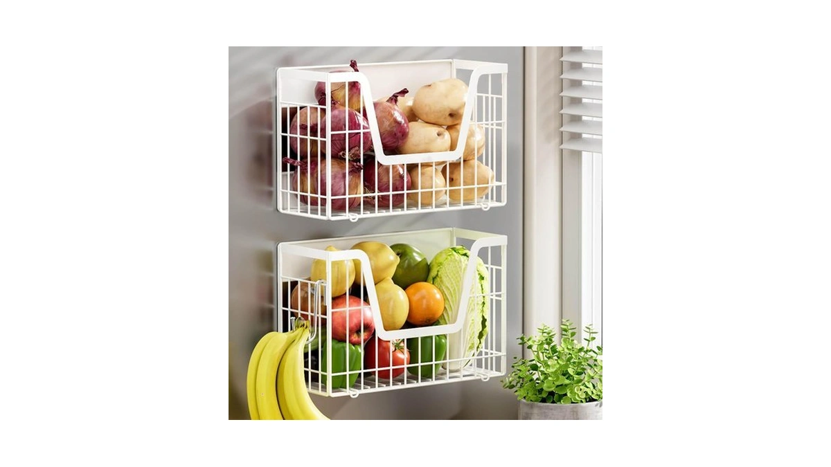 Yiwanfw 2 Set Magnetic Fridge Shelf, White Magnetic Fruit Basket