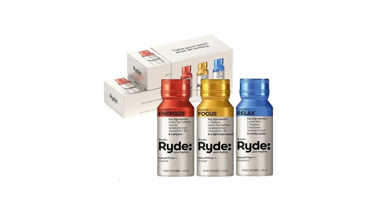 Ryde Variety Shots, Tropical, Orange & Raspberry Flavors, 6 Pack