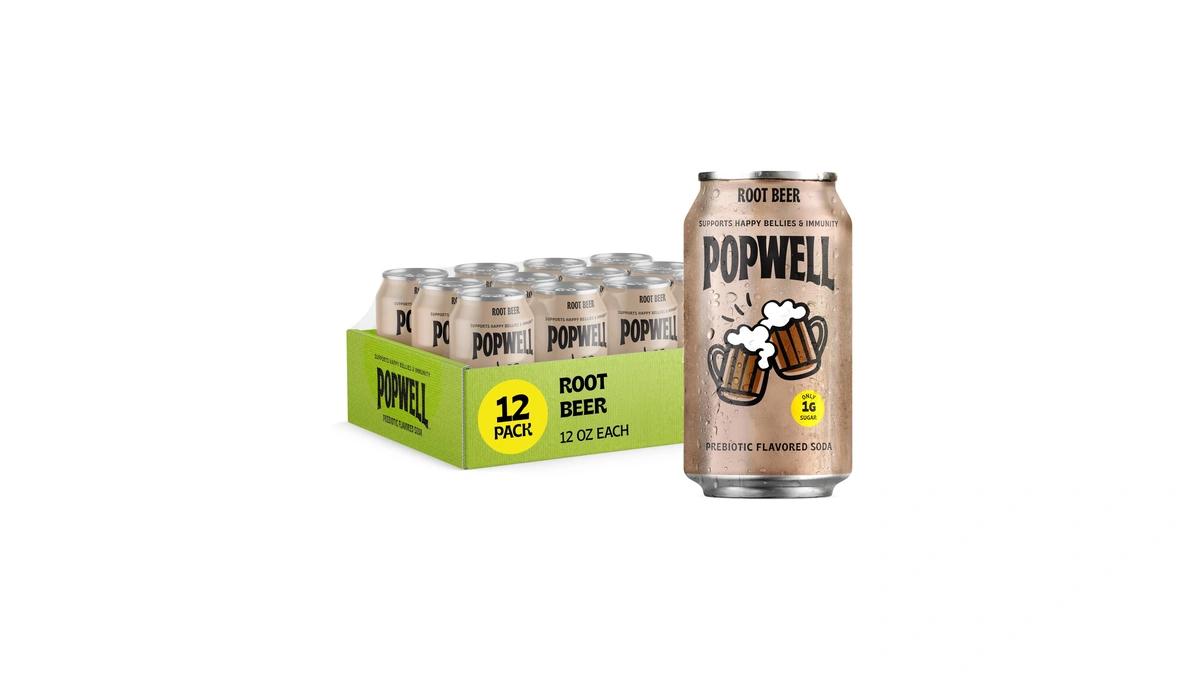 Popwell Root Beer Better-for-you Prebiotic Soda, With 6g Fiber, 1g