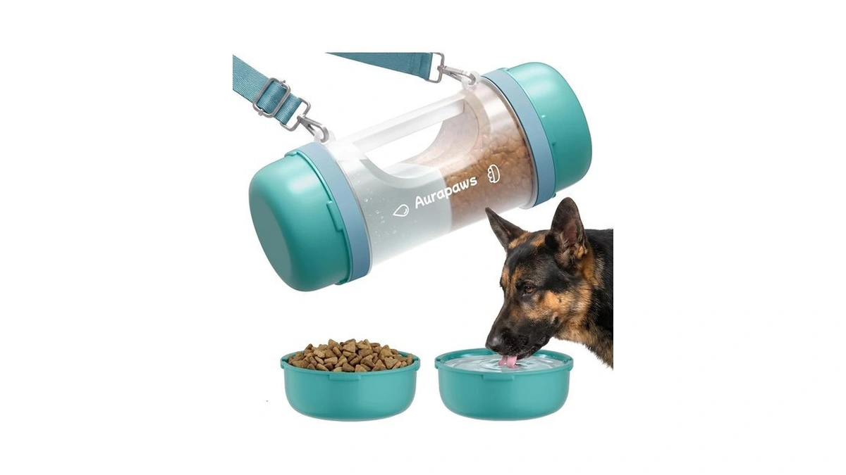 Aurapaws Dog Water Bottle Portable 33.5oz With Food Container &