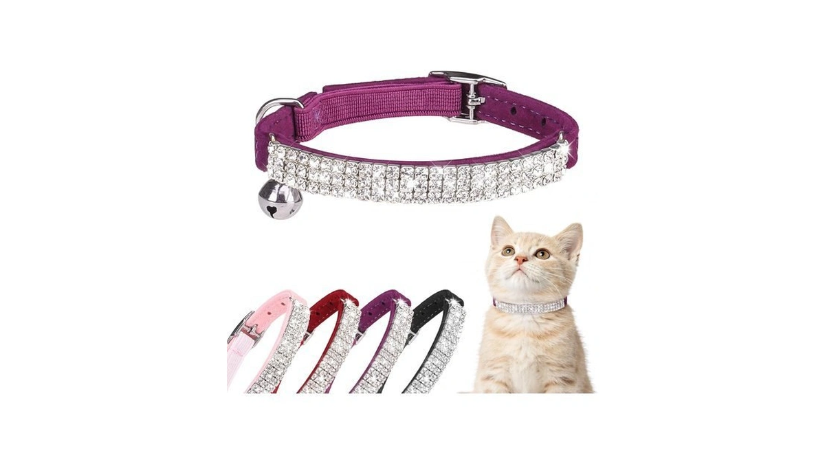 Bingpet Diamond Cat Collar With Bell,adjustable Kitten Collar,purple